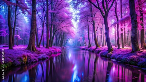 Ultraviolet fantasy forest with fluorescent trees and a narrow river at dawn, fantasy, forest, river, ultraviolet, fluorescent