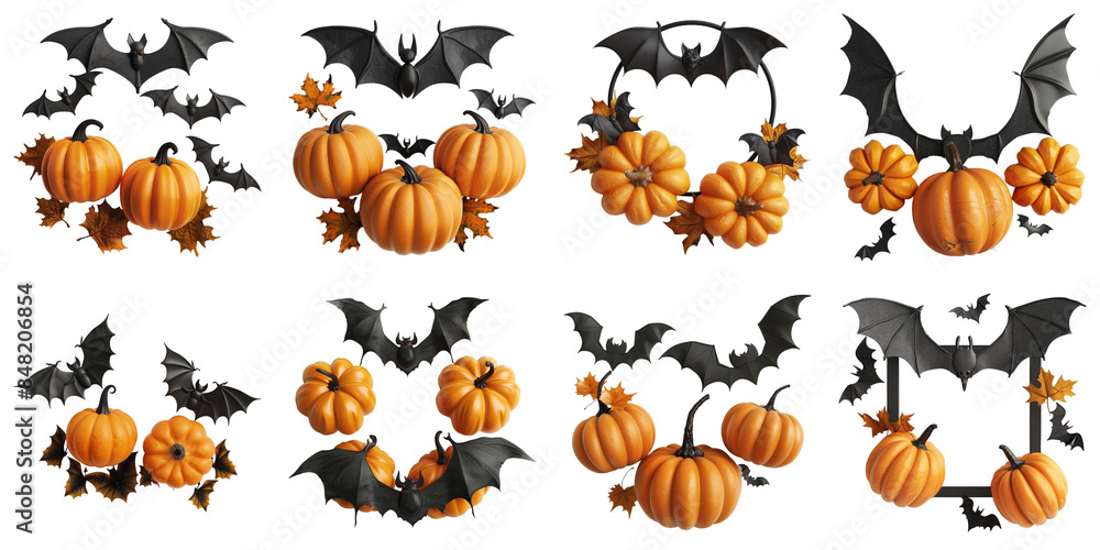 Fototapeta premium Set of Halloween Banner With Pumpkins And Bats isolated on transparent png background. Generative ai