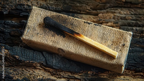 burnt matchstick resting on vintage matchbox still life composition