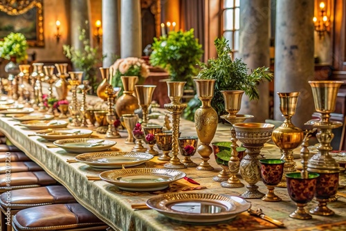 Lavish banquet table set with ornate dishes and goblets, inspired by ancient Roman toga feasts, feast, table, Roman, toga, banquet