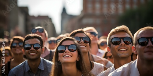 Crowd watching solar eclipse with protective glasses. Concept Solar Eclipse Viewing, Protective Glasses,  Crowd Spectating, Cosmic Event, Astronomical Phenomenon © Ян Заболотний