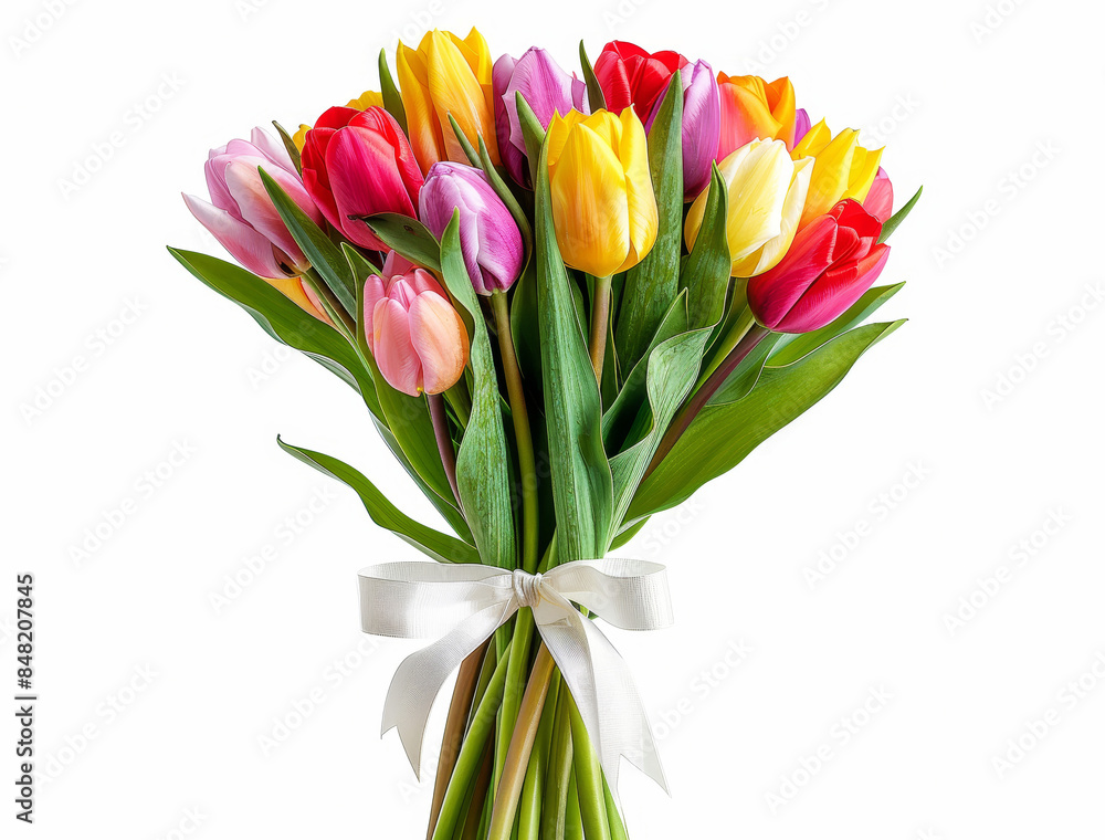 Beautiful bouquet of colorful tulips tied with a white ribbon Beautiful bouquet of colorful tulips tied with a white ribbon