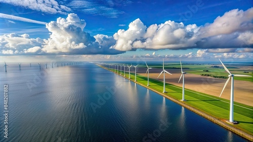 Aerial view of an offshore windmill park with clouds and a blue sky in Flevoland, Netherlands photo