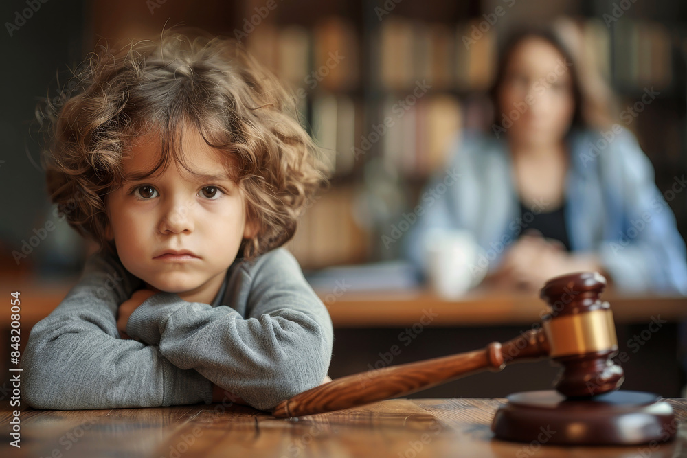 Sad child sitting at a table in front of his mother and a judge's gavel Sad child sitting at a table in front of his mother and a judge's gavel