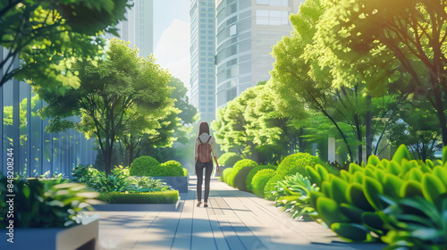 Employee taking a break to walk in a lush, urban park