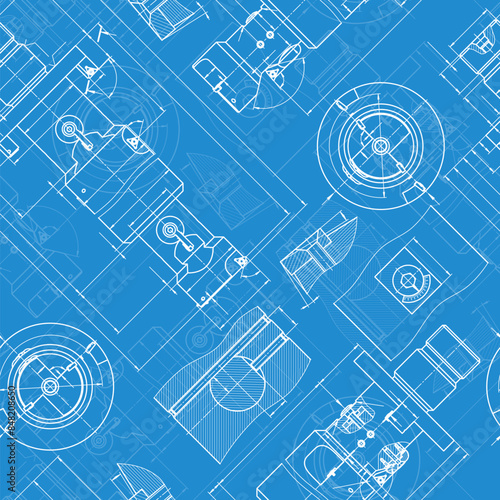 Mechanical engineering drawings on blue background. Tap tools, borer. Technical Design. Cover. Blueprint. Seamless pattern. Vector illustration.