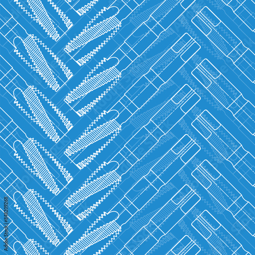 Mechanical engineering drawings on blue background. Tap tools, borer. Technical Design. Cover. Blueprint. Seamless pattern. Vector illustration.