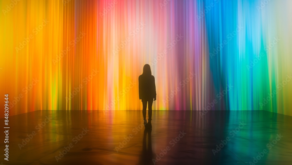 Light outlines a person, possibly celebrating success with a rainbow or enjoying a sunny day Light outlines a person, possibly celebrating success with a rainbow or enjoying a sunny day