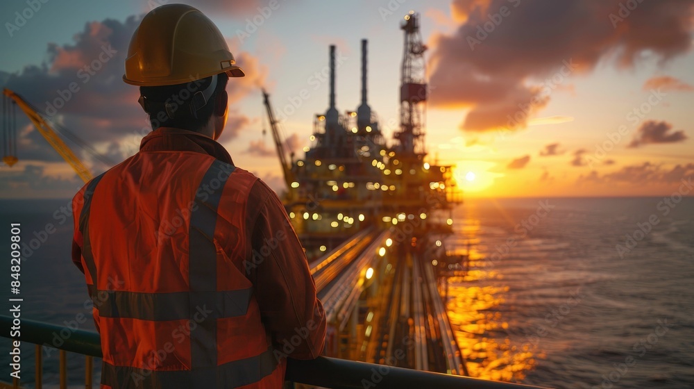 Engineer with safety vest and helmet looking at an offshore rig at dusk Engineer with safety vest and helmet looking at an offshore rig at dusk