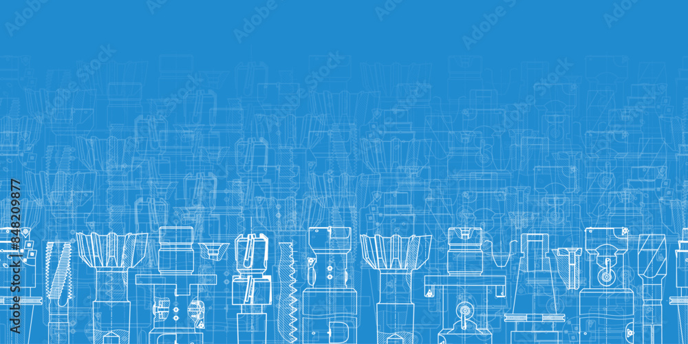 Mechanical engineering drawings on blue background. Tap tools, borer. Technical Design. Cover. Blueprint. Seamless pattern. Vector illustration. Mechanical engineering drawings on blue background. Tap tools, borer. Technical Design. Cover. Blueprint. Seamless pattern. Vector illustration.
