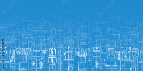Mechanical engineering drawings on blue background. Tap tools, borer. Technical Design. Cover. Blueprint. Seamless pattern. Vector illustration.