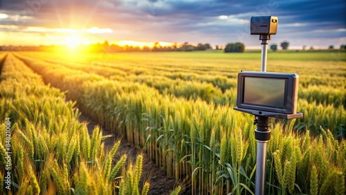 Close-up of soil analyzer in a wheat field showcasing modern smart farming technology