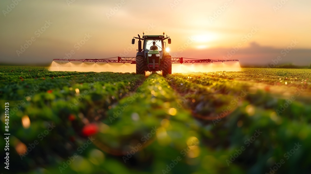 Fototapeta premium Tractor Spraying Chemicals on Lush Farmland Under Vibrant Sunset Skies in Panoramic Landscape