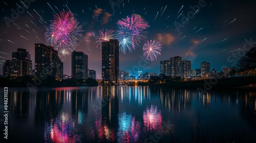 A city skyline is lit up with fireworks