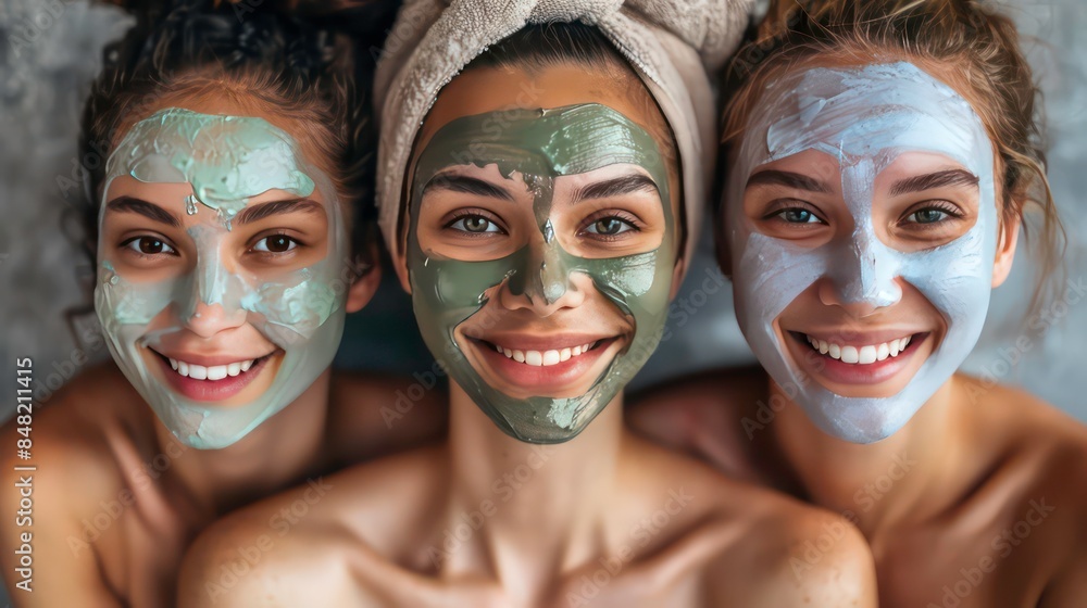 Group of three young women of different ethnicities, smiling and applying facial masks in a spa salon. Generative AI Group of three young women of different ethnicities, smiling and applying facial masks in a spa salon. Generative AI