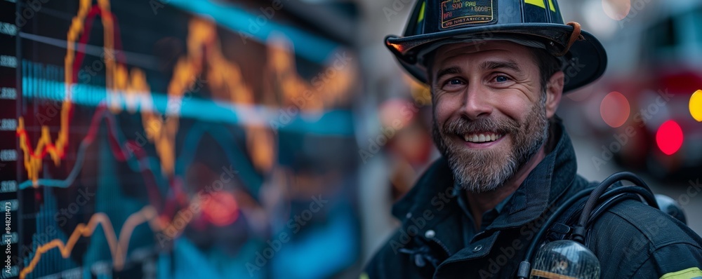 Firefighter with stock market data background Firefighter with stock market data background