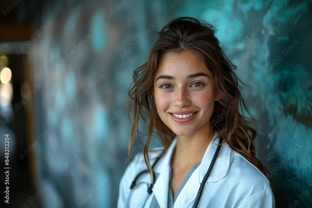 Close up portrait of a young and beautiful caucasian, white doctor, therapist, female medical worker, nurse, blurred background, place for text Close up portrait of a young and beautiful caucasian, white doctor, therapist, female medical worker, nurse, blurred background, place for text