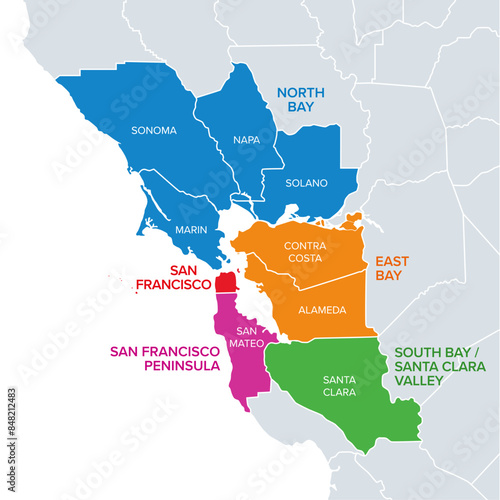 Subregions of the San Francisco Bay Area, divided by counties, political map. Area of ​​the U.S. state of California, that surrounds and includes the San Francisco Bay, which is a large tidal estuary.