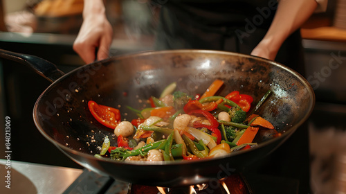 Fresh vegetable stir-fry being cooked in a wok