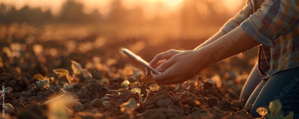 Fototapeta premium Tablet in woman farmer dirty hands with sunset, farming concept banner. Generative AI.