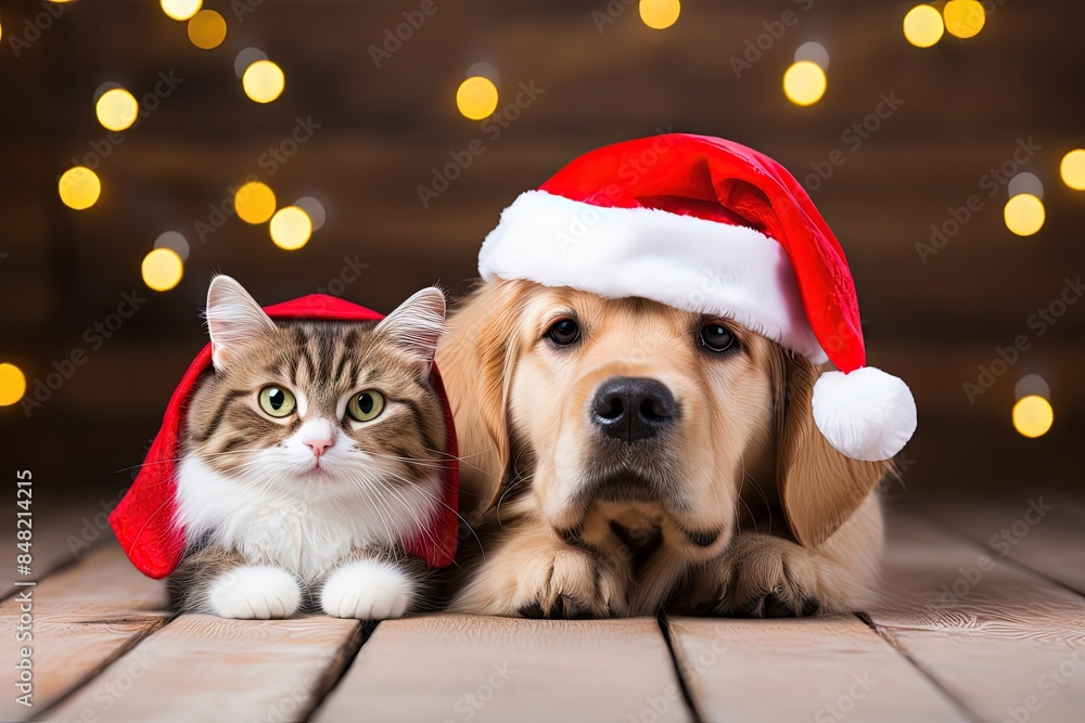 Dog and Cat with Christmas Hats Laying Together on Light Wooden Floor Dog and Cat with Christmas Hats Laying Together on Light Wooden Floor