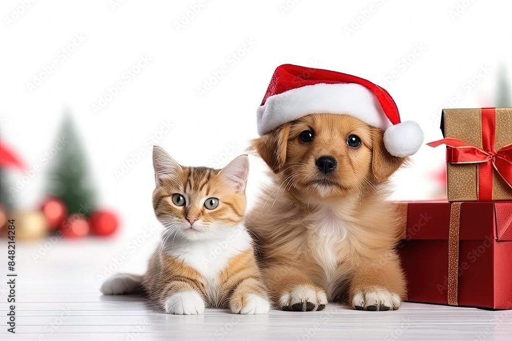 Cute Dog and Cat in Santa Hats with Gifts: Festive Scene on White Background Cute Dog and Cat in Santa Hats with Gifts: Festive Scene on White Background