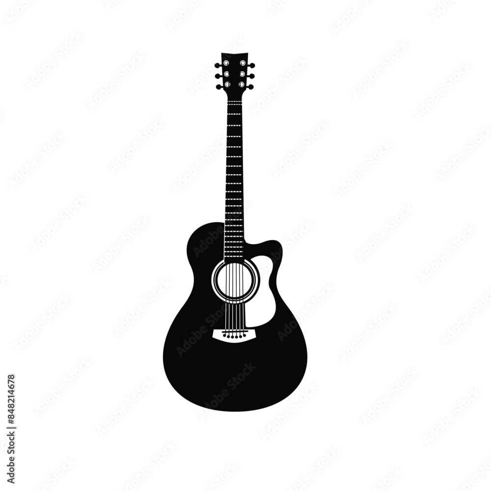 Obraz premium Stringed musical instrument logo illustration, acoustic guitar silhouette suitable for music stores and communities