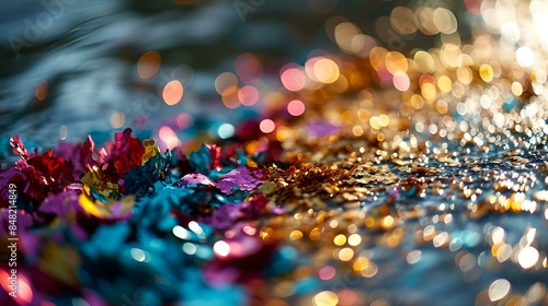 Colorful confetti scattered on ground with blurred background. © Asif