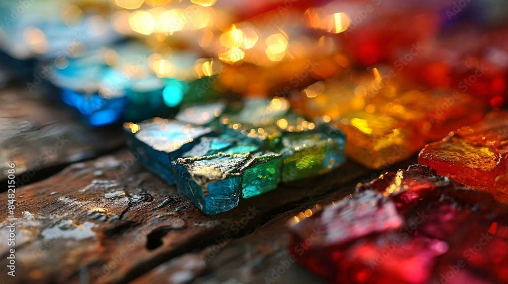 various translucent glass blocks on a rustic wooden surface. various translucent glass blocks on a rustic wooden surface.