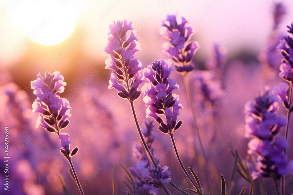 Naklejka premium Lavender fresh flowers. Flowering field landscape, sunset or sunrise background. Aromatherapy, cosmetic, spa, massage concept for poster or banner. 