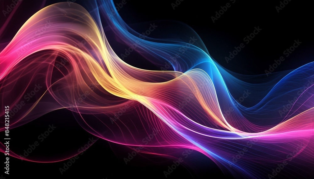 IIntricately flowing pink blue yellow waves on black background. Smooth curvy shape fluid background. Transparent smooth wave. Colored smoke whiffs and swirls. AI generative IIntricately flowing pink blue yellow waves on black background. Smooth curvy shape fluid background. Transparent smooth wave. Colored smoke whiffs and swirls. AI generative