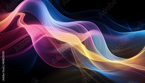 IIntricately flowing pink blue yellow waves on black background. Smooth curvy shape fluid background. Transparent smooth wave. Colored smoke whiffs and swirls. AI generative