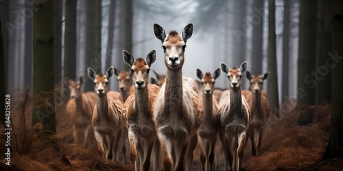 Llama herds roam freely in the forest. Concept Wildlife, Biodiversity, Conservation, Forest Ecosystems, Animal Behavior photo