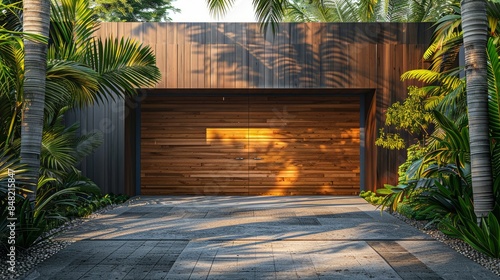 Modern Wooden Garage Doors With Tropical Landscape © nur