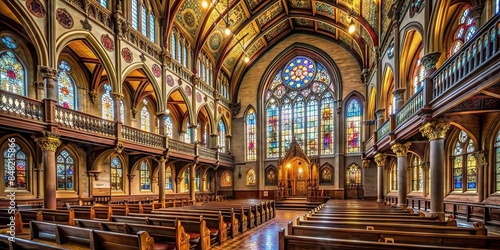 Interior of a grand church with stained glass windows and intricate woodwork , cathedral, church, interior, religious, arches, columns