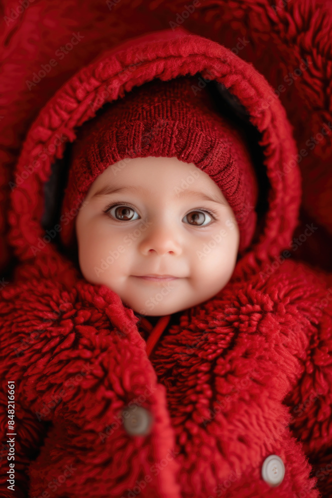 Adorable Baby in Red Winter Outfit with Hood and Beanie, Close-Up Portrait with Big Brown Eyes and Soft Expression Adorable Baby in Red Winter Outfit with Hood and Beanie, Close-Up Portrait with Big Brown Eyes and Soft Expression