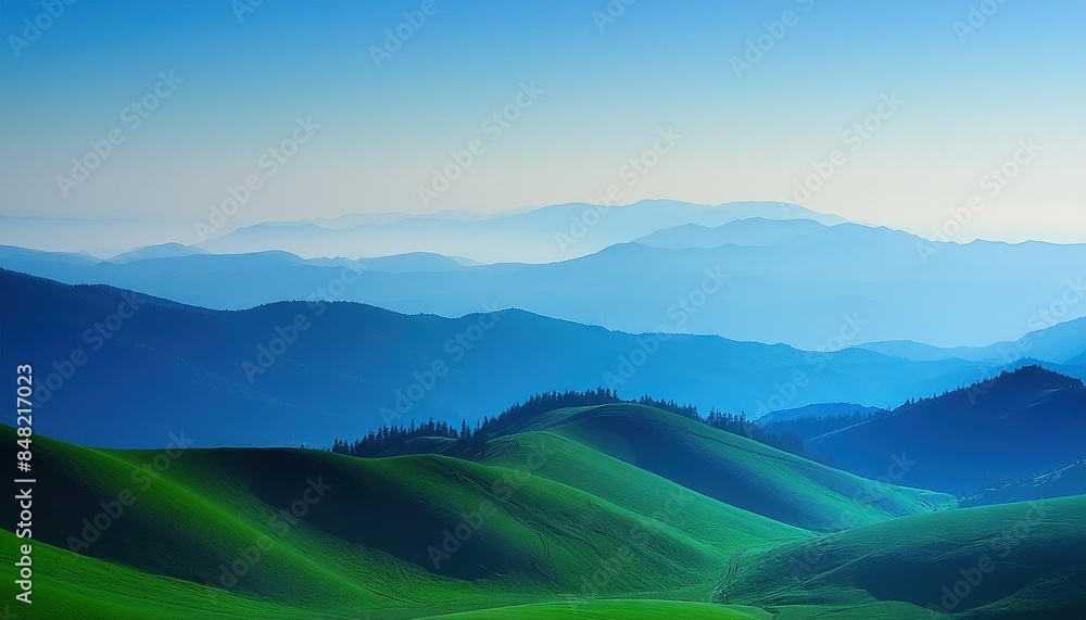 Rolling Hills and Blue Misty Mountains Landscape Rolling Hills and Blue Misty Mountains Landscape