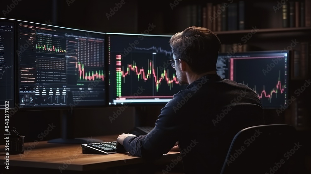 Fototapeta premium A trader concentrate focusing on computer screen in work.