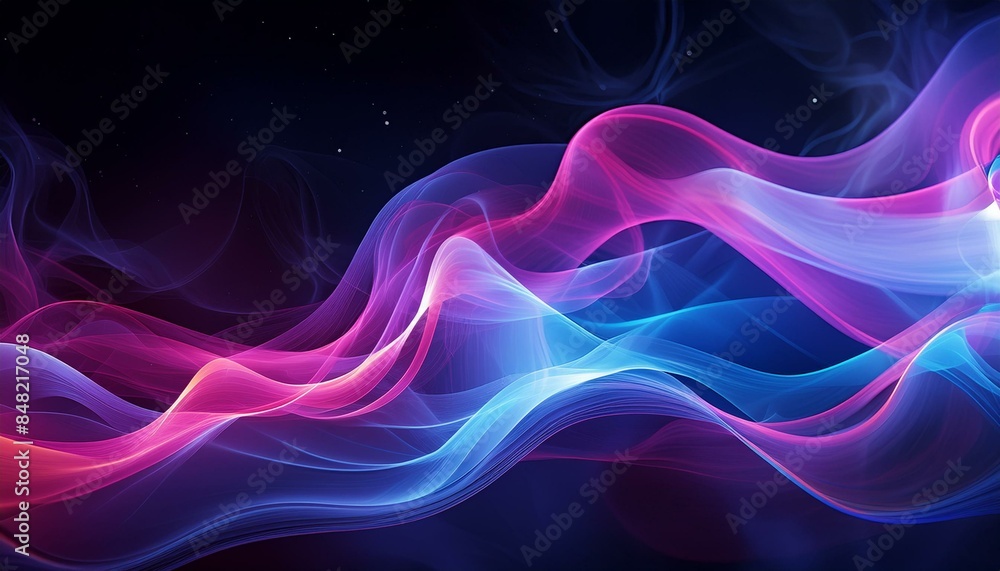 Intricately flowing pink blue purple waves on black background. Smooth curvy shape fluid background. Transparent smooth wave. Colored smoke whiffs and swirls Intricately flowing pink blue purple waves on black background. Smooth curvy shape fluid background. Transparent smooth wave. Colored smoke whiffs and swirls