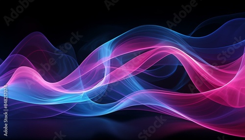 Intricately flowing pink blue purple waves on black background. Smooth curvy shape fluid background. Transparent smooth wave. Colored smoke whiffs and swirls