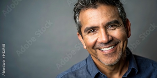 Happy confident Latin mid aged man portrait. Smiling mature 45 years male, standing in looking at camera, Latin, mid aged photo