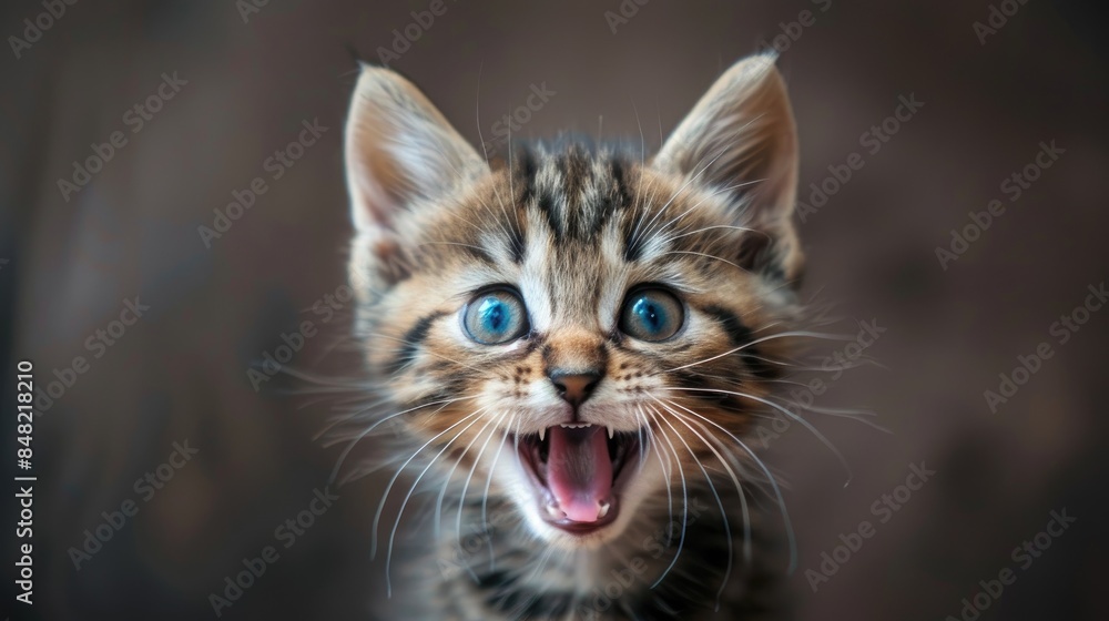 A cute kitten meowing at the camera A cute kitten meowing at the camera