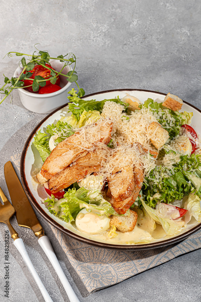 Salad bowl with chicken breast, rice, tomatoes, cucumbers and avocado Boiled egg Salad bowl with chicken breast, rice, tomatoes, cucumbers and avocado Boiled egg