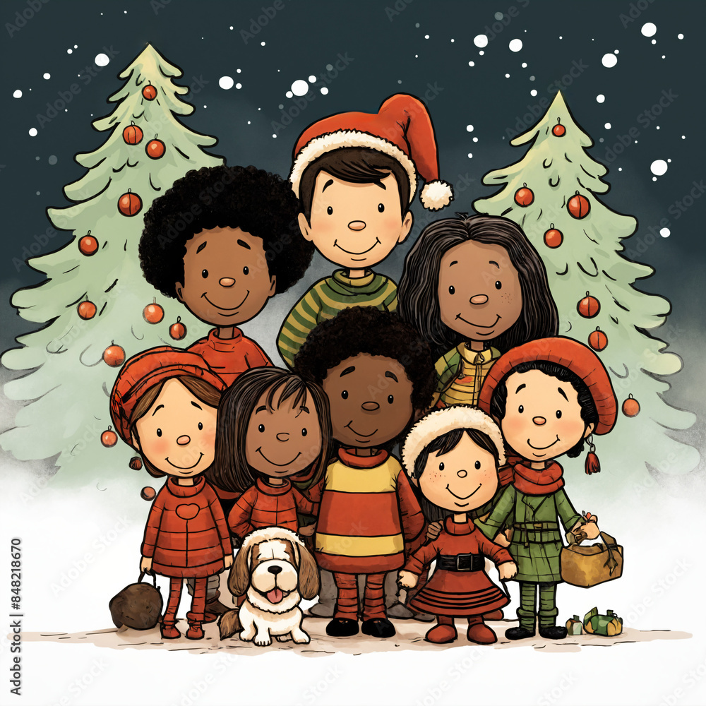 Fototapeta premium Diverse group of children celebrating Christmas outdoors with snow and festive trees
