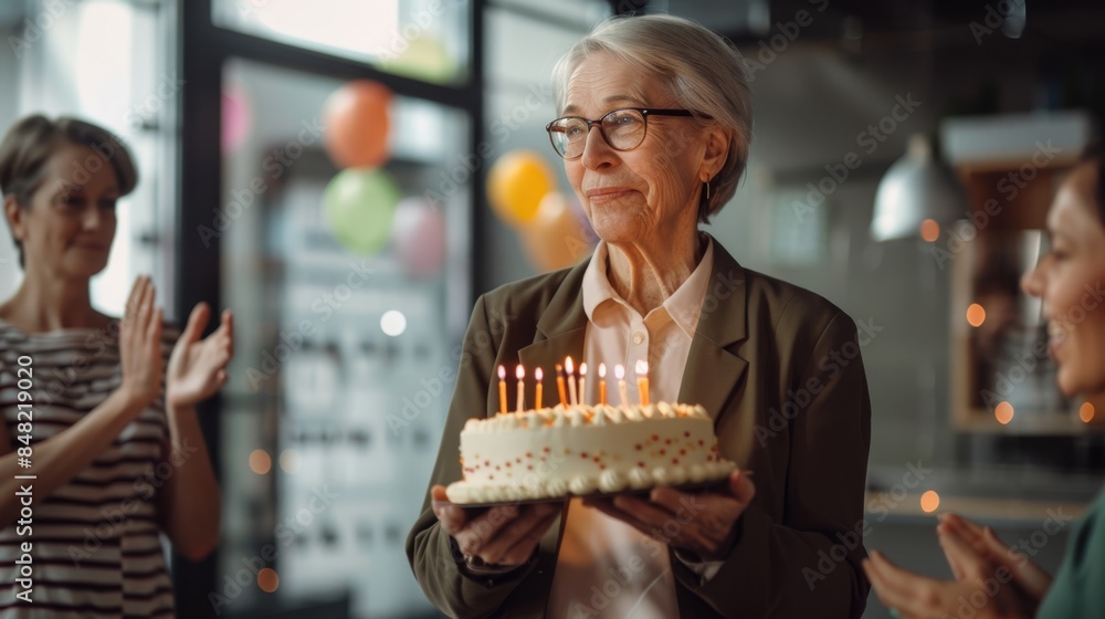 The elderly woman with birthday cake The elderly woman with birthday cake