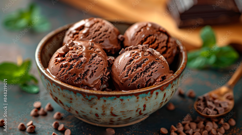 Scoops of dark chocolate ice cream in a bowl with mint leaves and chocolate chips on a rustic background, Scoops of dark chocolate ice cream in a bowl with mint leaves and chocolate chips on a rustic background,