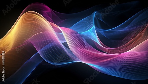 Intricately flowing pink blue yellow waves on black background. Smooth curvy shape fluid background. Transparent smooth wave. Colored smoke whiffs and swirls. AI generative