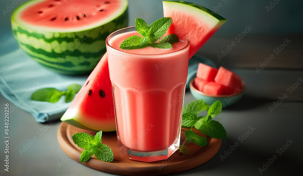 A glass of watermelon smoothie on a wooden table
A glass of watermelon smoothie on a wooden table