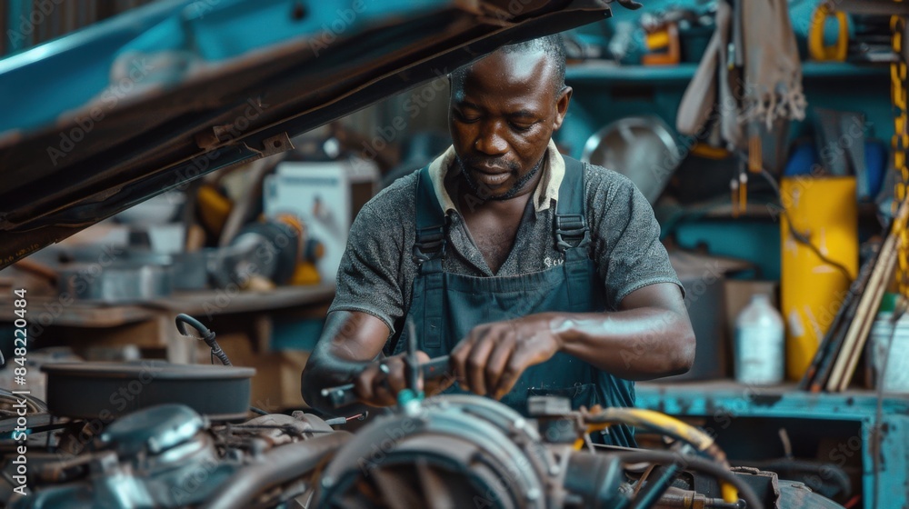 African man mechanic repairing and fine-tuning classic cars in their garage African man mechanic repairing and fine-tuning classic cars in their garage