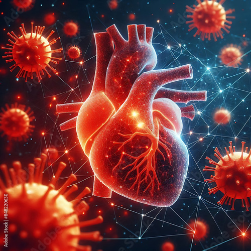 Abstract red human heart with attacking red viruses. Healthcare medical concept. Low poly style. 
 photo